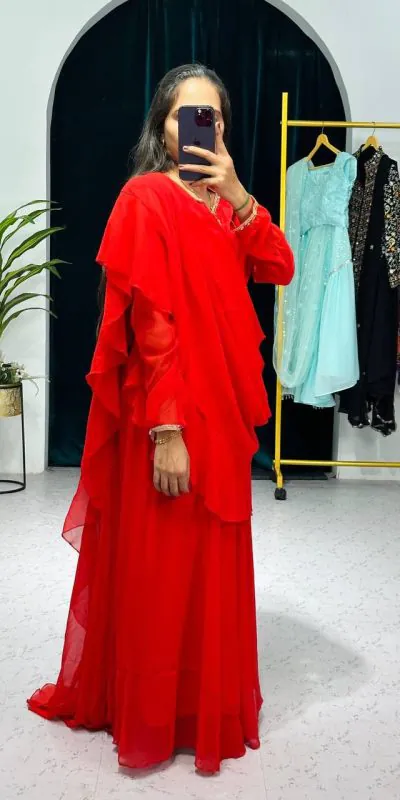 ST 1039 Red Color Faux Georgette Sequence New Stilly Gown Casual, Wedding, Party, Festive, Events Etc. Expected Delivery 4-6 Working Days @2199/- | Gowns, Bollywood Gowns, Creative Gowns, Designer Gowns, Embroidered Gowns, Party Wear Gowns, Straight Suits