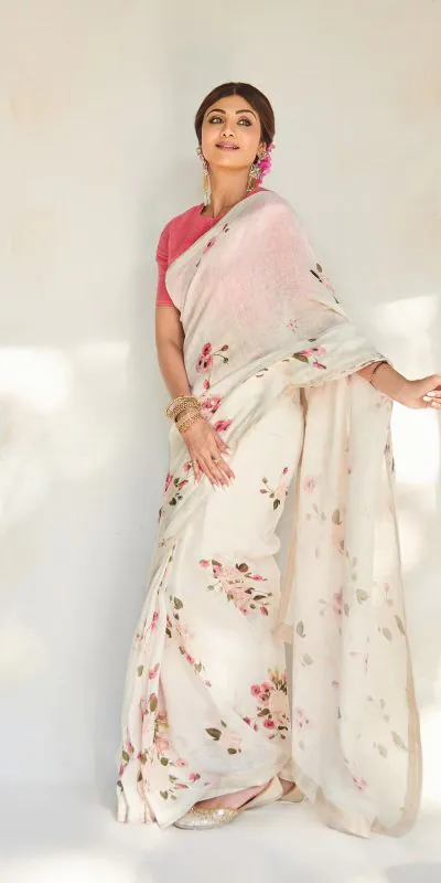 RS Shilpa Shetty Cream Color Linen Digital Flower Printed Saree Casual, Party, Wedding, Festive, Events Etc.  Expected Delivery  4-6 Working Days @1449/- Only | Designer Sarees, Sarees, Bollywood Sarees, Creative Sarees, Embroidered Sarees, Ethnic Saree, Modern Digital sarees, Party Wear Sarees