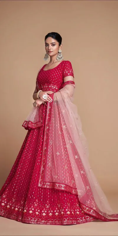 RC 247 Red Color Heavy Georgette Embroidery Sequins Lehenga Choli Casual, Party Wedding, Festive, Events Etc. Delivery  4-6 Working Days 4999/- | Lehenga, Bollywood Lehenga, Creative Lehenga, Designer Lehenga, Embroidered Lehenga, Party Wear Lehenga