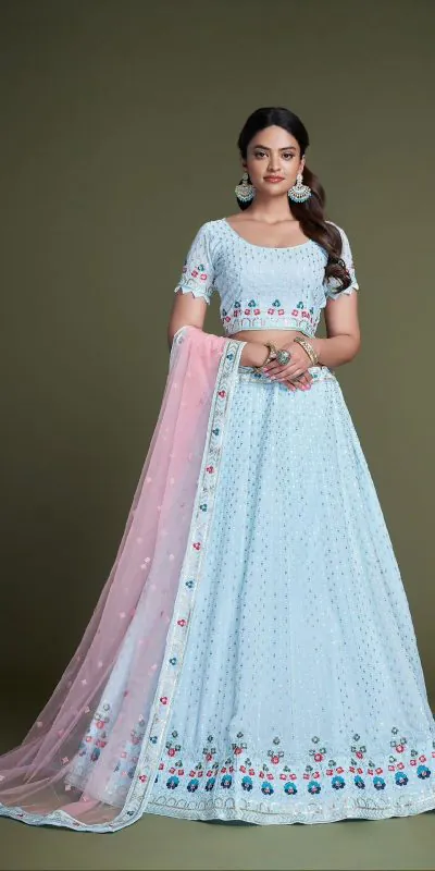 RC 247 sky Blue Color Heavy Georgette Embroidery Sequins Lehenga Choli Casual, Party Wedding, Festive, Events Etc. Delivery  4-6 Working Days 4999/- | Lehenga, Bollywood Lehenga, Creative Lehenga, Designer Lehenga, Embroidered Lehenga, Party Wear Lehenga