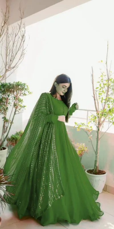 KD-1242 Green Faux Georgette Thread With Sequence Anarkali Suit Casual, Party, Wedding, Festive, Events Etc.  Expected Delivery  4-6 Working Days @1699/- Only | Anarkali Suits, Bollywood Anarkali, Creative-Anarkali, Designer Anarkali, Embroidered Anarkali, Party Wear Anarkali