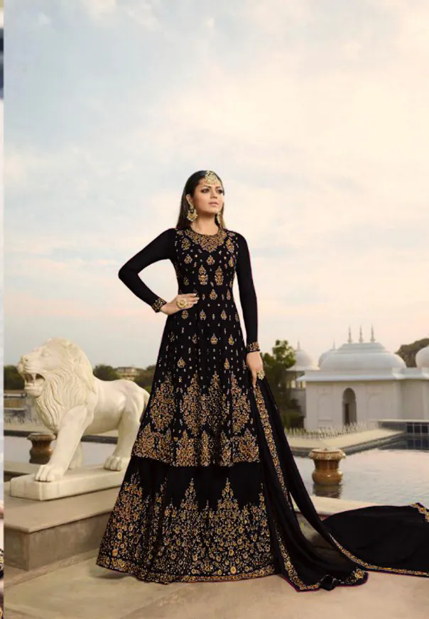 LT NITYA 3805 Black  Color Georgette With Embroidery Work Sharara Suit Wedding, Festive, Party Events Etc. Expected Delivery 4-6 Working Days @2349/- | Jump Suits, Salwar suit, Casual Suits, Creative suits, Designer Suits, Palazzo Suits, Party Wear Suits, Patiala Suits, Straight Suits