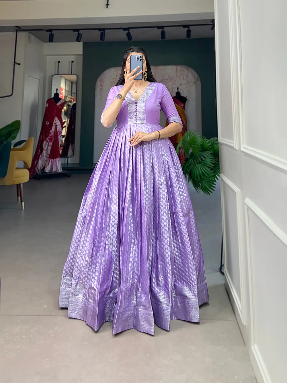 YNF 5321 Lavender Color Jacquard silk Floral weaving work Gown Casual, Wedding, Party, Festive, Events Etc. Expected Delivery 4-6 Working Days @1899/- | Gowns, Bollywood Gowns, Creative Gowns, Designer Gowns, Embroidered Gowns, Party Wear Gowns