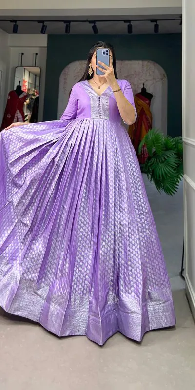 YNF 5321 Lavender Color Jacquard silk Floral weaving work Gown Casual, Wedding, Party, Festive, Events Etc. Expected Delivery 4-6 Working Days @1899/- | Gowns, Bollywood Gowns, Creative Gowns, Designer Gowns, Embroidered Gowns, Party Wear Gowns