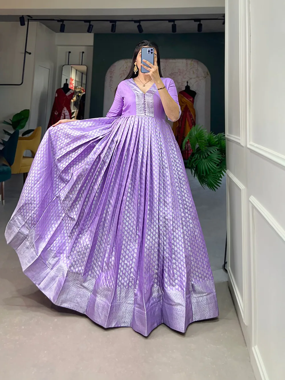 YNF 5321 Lavender Color Jacquard silk Floral weaving work Gown Casual, Wedding, Party, Festive, Events Etc. Expected Delivery 4-6 Working Days @1899/- | Gowns, Bollywood Gowns, Creative Gowns, Designer Gowns, Embroidered Gowns, Party Wear Gowns