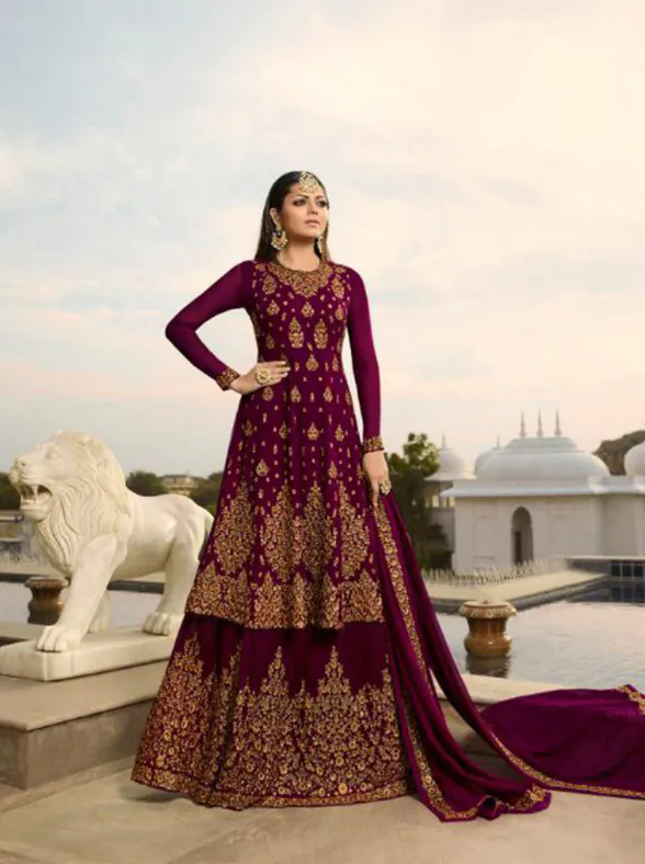 LT NITYA 3805 Maroon Color Georgette With Embroidery Work Sharara Suit Wedding, Festive, Party Events Etc. Expected Delivery 4-6 Working Days @2349/- | Jump Suits, Salwar suit, Casual Suits, Creative suits, Designer Suits, Palazzo Suits, Party Wear Suits, Patiala Suits, Straight Suits