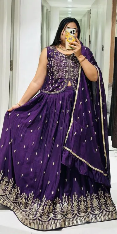 Ram-002 Violet Color Chinon Embroidery Thread Work With and Sleeve Lehenga Choli Casual, Wedding, Festive, Events Expected Delivery 4-6 Working Days @2349/- | Lehenga, Bollywood Lehenga, Creative Lehenga, Designer Lehenga, Embroidered Lehenga, Party Wear Lehenga