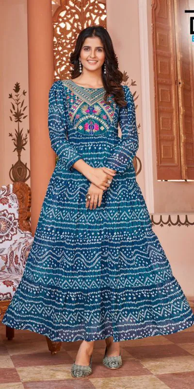 INLI Lehariya Blue Color Heavy Georgette Printed Embroidery Work Gown Casual Wedding, Party, Festive, Events Etc. Expected Delivery 4-6 Working Days @1599 | Gowns, Bollywood Gowns, Creative Gowns, Designer Gowns, Embroidered Gowns, Party Wear Gowns