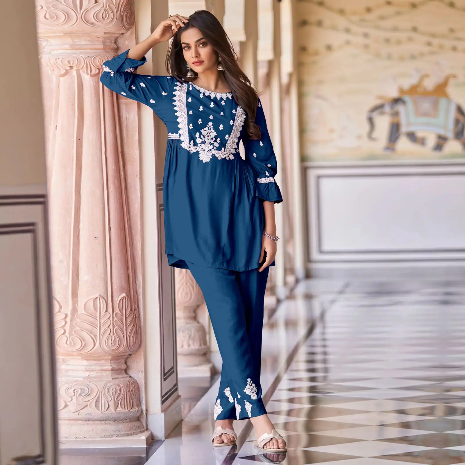 MF1001 Navy Blue Color Rayon With Beautiful Embroidery Work Kurti Wedding, Party, Festive, Events Etc.   Expected Delivery 4-6 Working Days @1450/- | Kurti, Bollywood Kurti, Creative Kurtis, Designer Kurti, Party Wear Kurti, Selfie Kurti