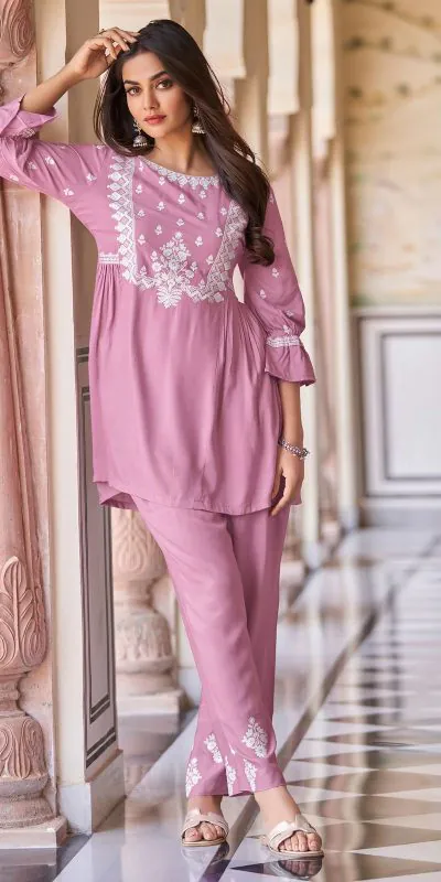 MF1001 Pink Color Rayon With Beautiful Embroidery Work Kurti Wedding, Party, Festive, Events Etc.   Expected Delivery 4-6 Working Days @1450/- | Kurti, Bollywood Kurti, Creative Kurtis, Designer Kurti, Party Wear Kurti, Selfie Kurti