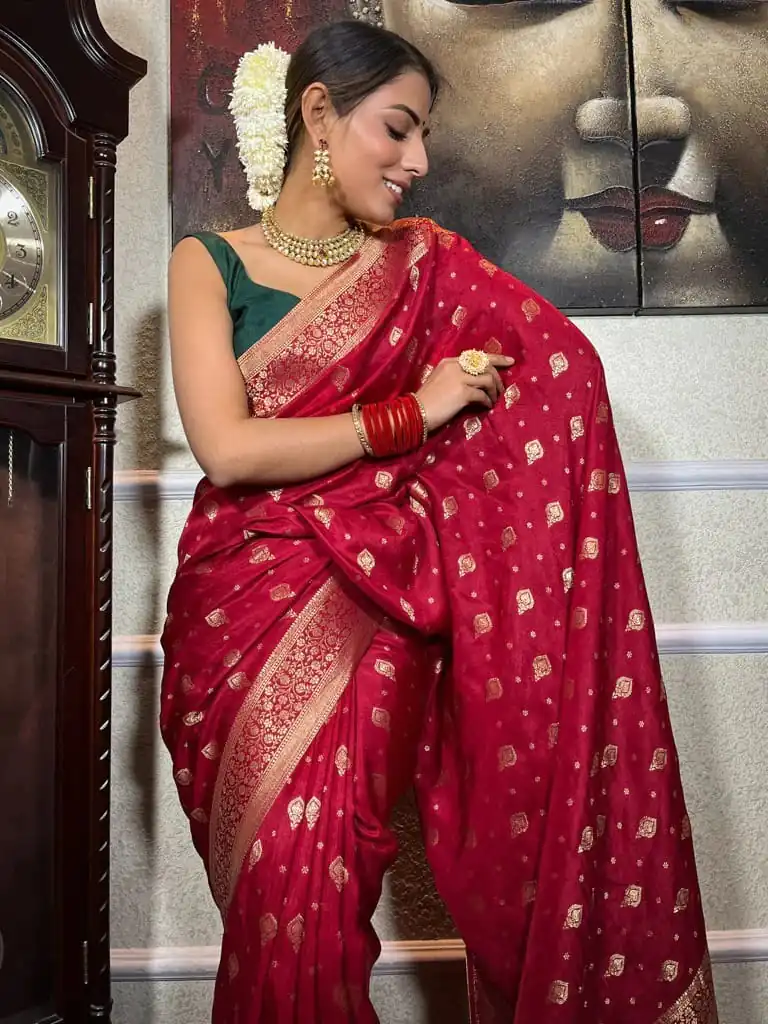 DDF 128 Red Color Banarasi Soft Silk Extra Ordinary Design Saree Casual, Party Wear, Events, Festivals Etc. Expected Delivery 4-6 Working Days 1399/- | Designer Sarees, Sarees, Bollywood Sarees, Creative Sarees, Embroidered Sarees, Ethnic Saree, Modern Digital sarees, Party Wear Sarees
