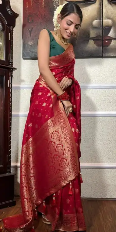 DDF 128 Red Color Banarasi Soft Silk Extra Ordinary Design Saree Casual, Party Wear, Events, Festivals Etc. Expected Delivery 4-6 Working Days 1399/- | Designer Sarees, Sarees, Bollywood Sarees, Creative Sarees, Embroidered Sarees, Ethnic Saree, Modern Digital sarees, Party Wear Sarees