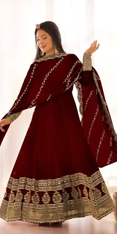 SRK 5125 Wine Color Faux Georgette Silk Embroidery Salwar Suit Wedding, Party, Festive, Events Expected Delivery 4-6 Working Days @ 2099/- | Jump Suits, Salwar suit, Casual Suits, Creative suits, Designer Suits, Palazzo Suits, Party Wear Suits, Patiala Suits, Straight Suits