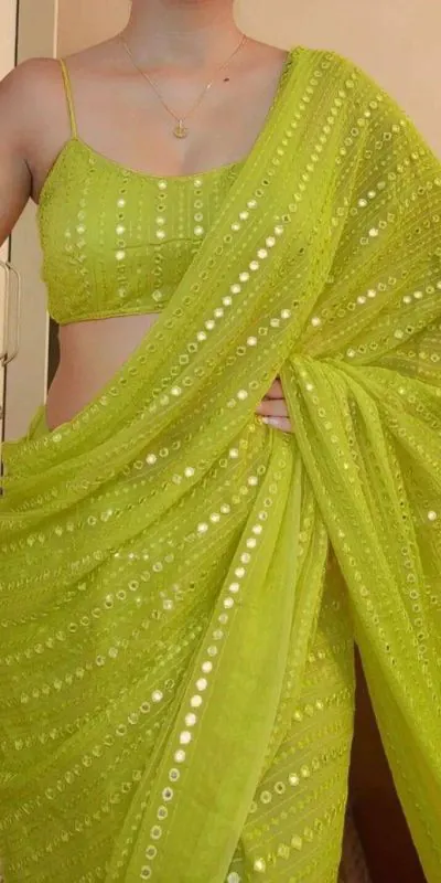 ST 395 Green Color Faux Georgette Embroidery Cotton Thread Saree Casual, Wedding, Party, Festive, Events Etc. Expected Delivery 4-6 Working Days @1849/- | Designer Sarees, Sarees, Bollywood Sarees, Creative Sarees, Embroidered Sarees, Ethnic Saree, Modern Digital sarees, Party Wear Sarees