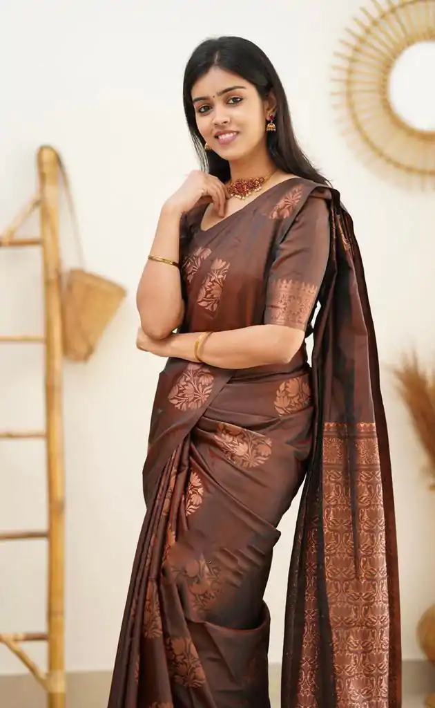 KP 4064 Coffee Color Soft Lichi Silk Jacquard On All Over Saree Casual, Party Wear, Wedding, Events Etc. Expected Delivery 4-6 Working Days @1249/- | Designer Sarees, Embroidered Sarees, Sarees, Bollywood Sarees, Creative Sarees, Ethnic Saree, Modern Digital sarees, Party Wear Sarees