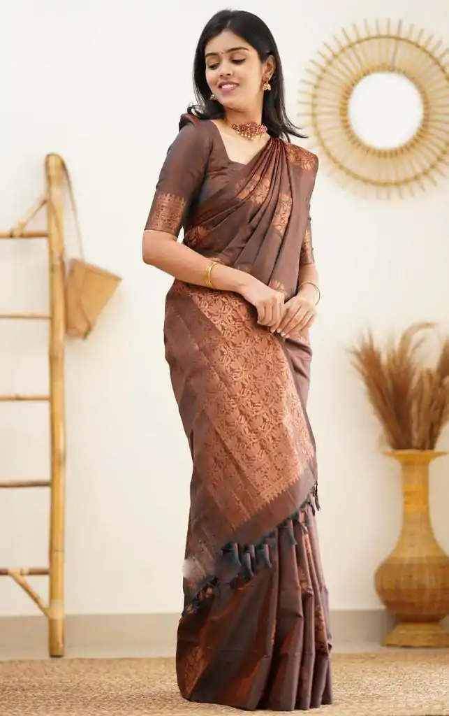 KP 4064 Coffee Color Soft Lichi Silk Jacquard On All Over Saree Casual, Party Wear, Wedding, Events Etc. Expected Delivery 4-6 Working Days @1249/- | Designer Sarees, Embroidered Sarees, Sarees, Bollywood Sarees, Creative Sarees, Ethnic Saree, Modern Digital sarees, Party Wear Sarees