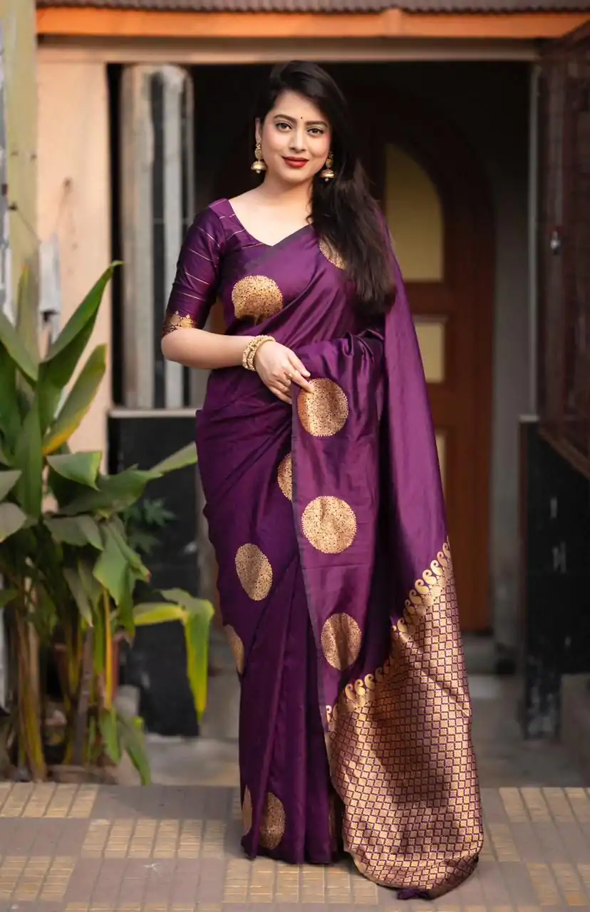 KP 5062 Dark Purple Color Soft Lichi Silk Jacquard On All Over Saree Casual, Party Wear, Wedding, Events Etc. Expected Delivery 4-6 Working Days @1299/- | Designer Sarees, Embroidered Sarees, Sarees, Bollywood Sarees, Creative Sarees, Ethnic Saree, Modern Digital sarees, Party Wear Sarees