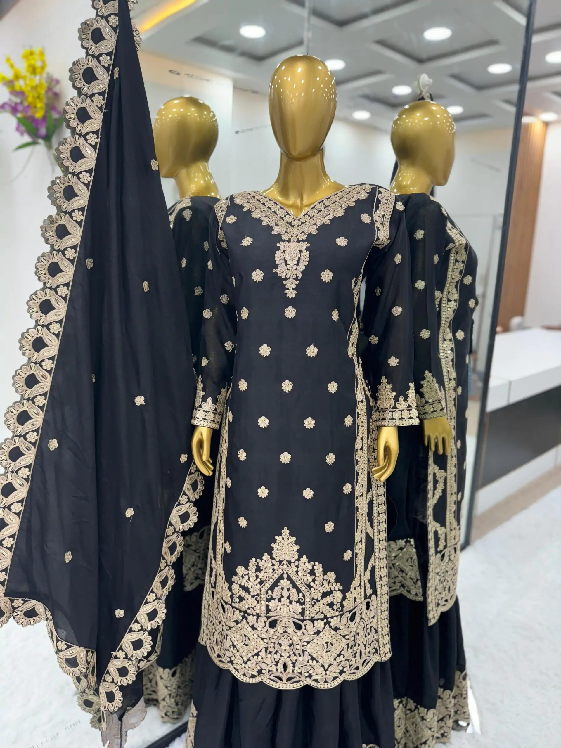 SRK 5166 Black Color Pure Chinnon Silk Embroidery Sequence Salwar Suit Wedding, Party, Festive, Events Expected Delivery 4-6 Working Days @ 2399/- | Jump Suits, Salwar suit, Casual Suits, Creative suits, Designer Suits, Palazzo Suits, Party Wear Suits, Patiala Suits, Straight Suits