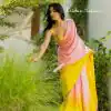Aglow Light Pink & Yellow Satin Silk Blouse Digital Print Saree