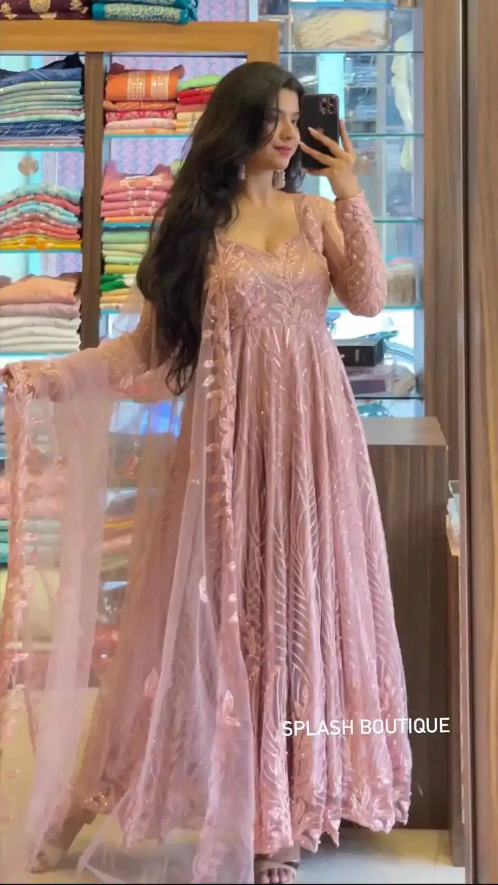 NSR 713 Peach Color Soft Butterfly Net Embroidery Sequence Gown Casual, Wedding, Festive Party Wear, Events Black Color Gown @2099/- | Gowns, Bollywood Gowns, Creative Gowns, Designer Gowns, Embroidered Gowns, Party Wear Gowns
