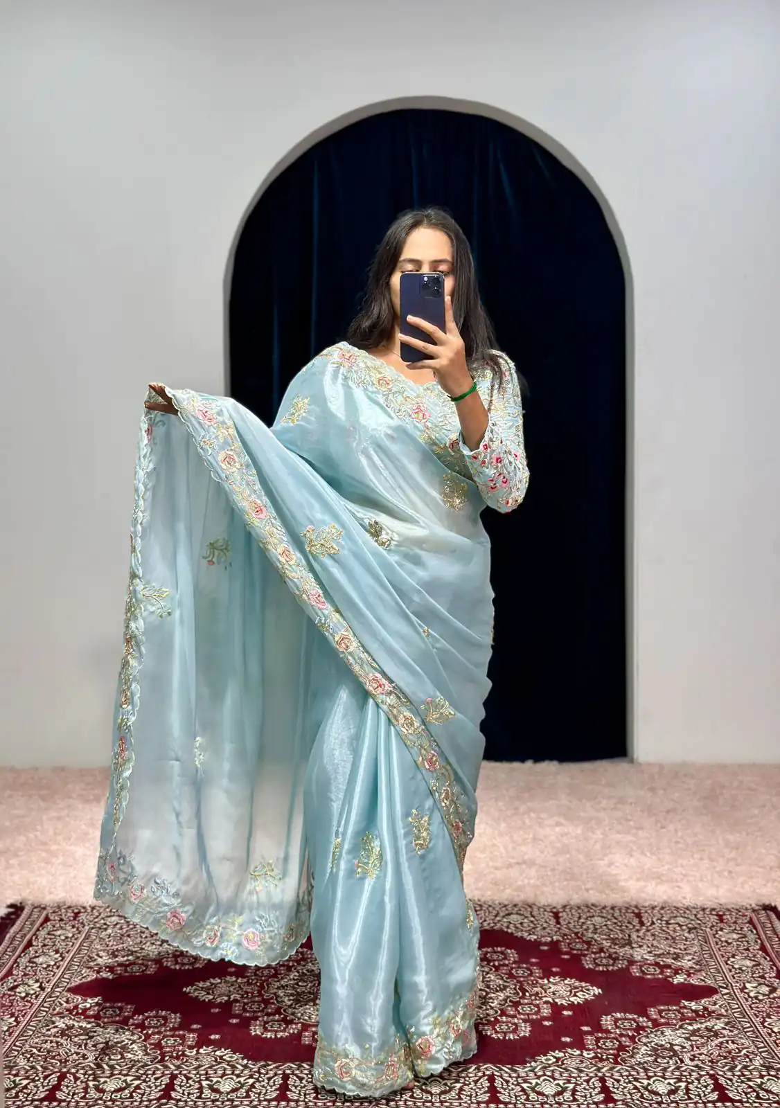 ST 469 Sky Blue Color Jimmy Choo Thread Embroidery Work Saree Casual, Wedding, Party, Festive, Events Etc. Expected Delivery 4-6 Working Days @1999/- | Designer Sarees, Sarees, Bollywood Sarees, Creative Sarees, Embroidered Sarees, Ethnic Saree, Modern Digital sarees, Party Wear Sarees