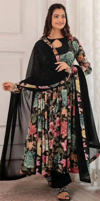 PC 371 Black Color Chant Crepe Digital Printed Work Gown Casual, Party Wear, Events, Festivals Wear Etc. Expected Delivery 4-6 Working Days @1999/- | Gowns, Bollywood Gowns, Creative Gowns, Designer Gowns, Embroidered Gowns, Party Wear Gowns
