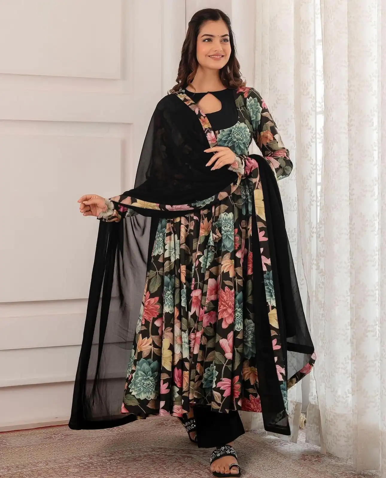 PC 371 Black Color Chant Crepe Digital Printed Work Gown Casual, Party Wear, Events, Festivals Wear Etc. Expected Delivery 4-6 Working Days @1999/- | Gowns, Bollywood Gowns, Creative Gowns, Designer Gowns, Embroidered Gowns, Party Wear Gowns