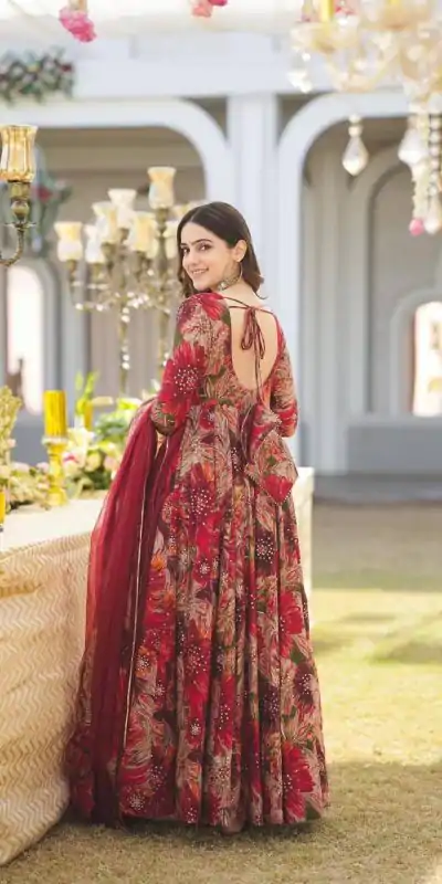 DC G41 Red Color Rayon Digital Printed Full Sleeves Gown Casual, Wedding, Party, Festive, Events Etc. Expected Delivery 4-6 Working Days @1949/- | Gowns, Bollywood Gowns, Creative Gowns, Designer Gowns, Embroidered Gowns, Party Wear Gowns