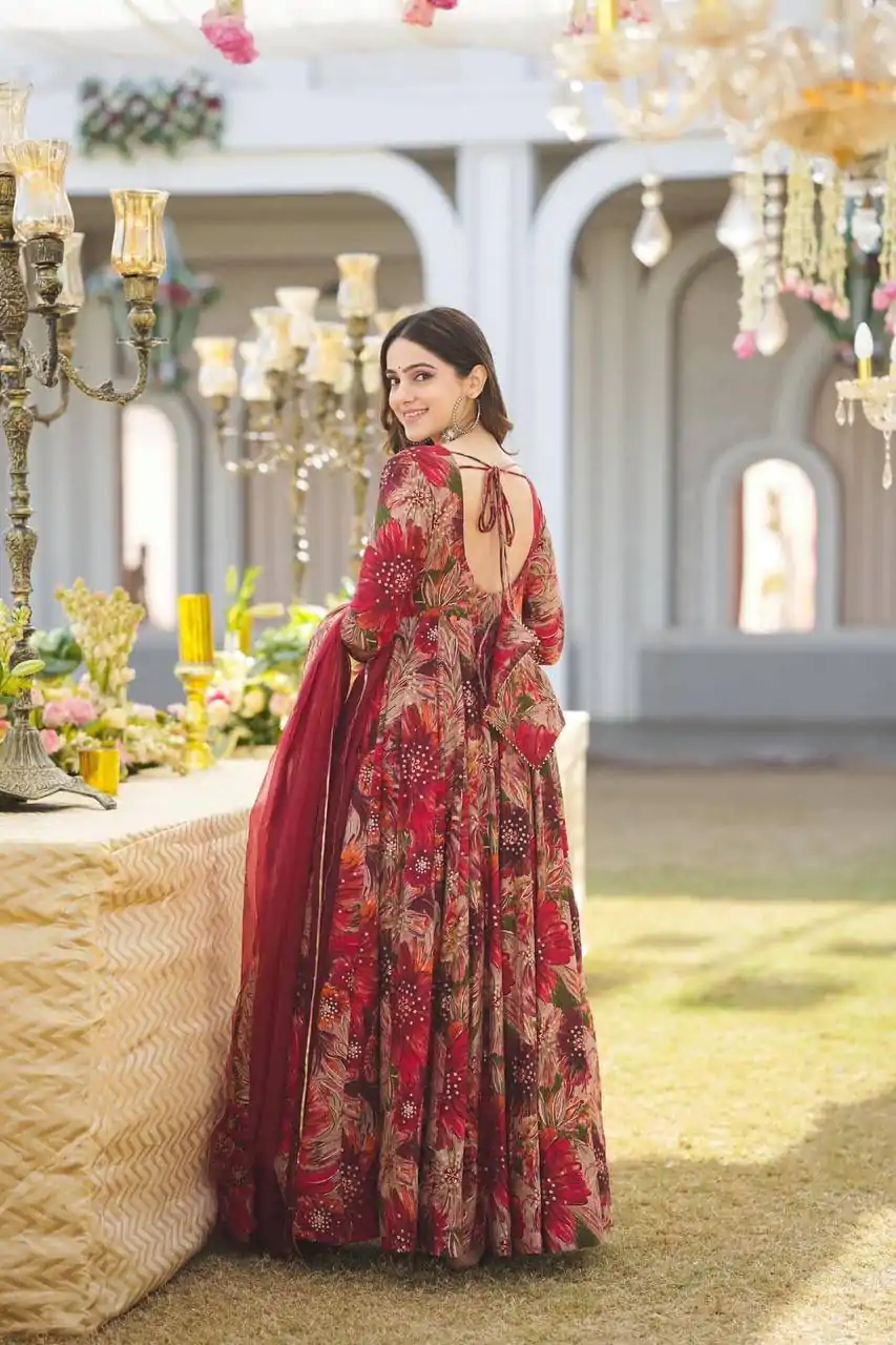 DC G41 Red Color Rayon Digital Printed Full Sleeves Gown Casual, Wedding, Party, Festive, Events Etc. Expected Delivery 4-6 Working Days @1949/- | Gowns, Bollywood Gowns, Creative Gowns, Designer Gowns, Embroidered Gowns, Party Wear Gowns