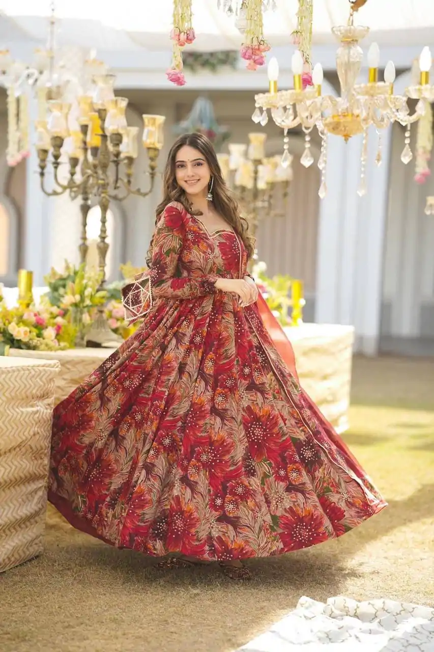 DC G41 Red Color Rayon Digital Printed Full Sleeves Gown Casual, Wedding, Party, Festive, Events Etc. Expected Delivery 4-6 Working Days @1949/- | Gowns, Bollywood Gowns, Creative Gowns, Designer Gowns, Embroidered Gowns, Party Wear Gowns