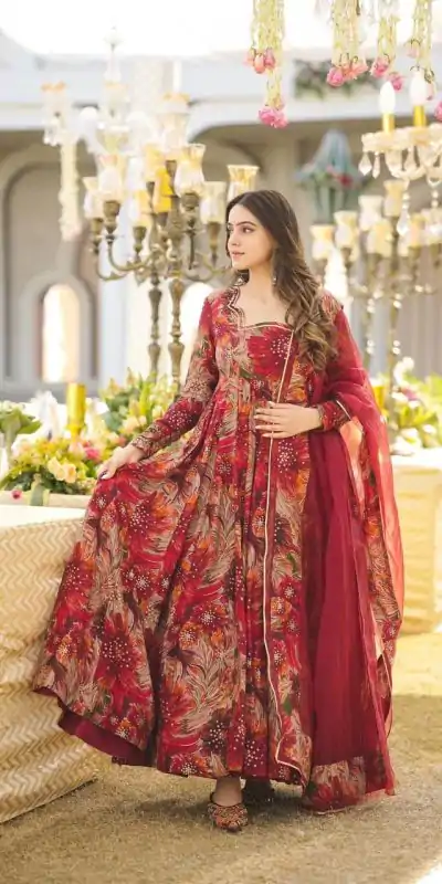 DC G41 Red Color Rayon Digital Printed Full Sleeves Gown Casual, Wedding, Party, Festive, Events Etc. Expected Delivery 4-6 Working Days @1949/- | Gowns, Bollywood Gowns, Creative Gowns, Designer Gowns, Embroidered Gowns, Party Wear Gowns