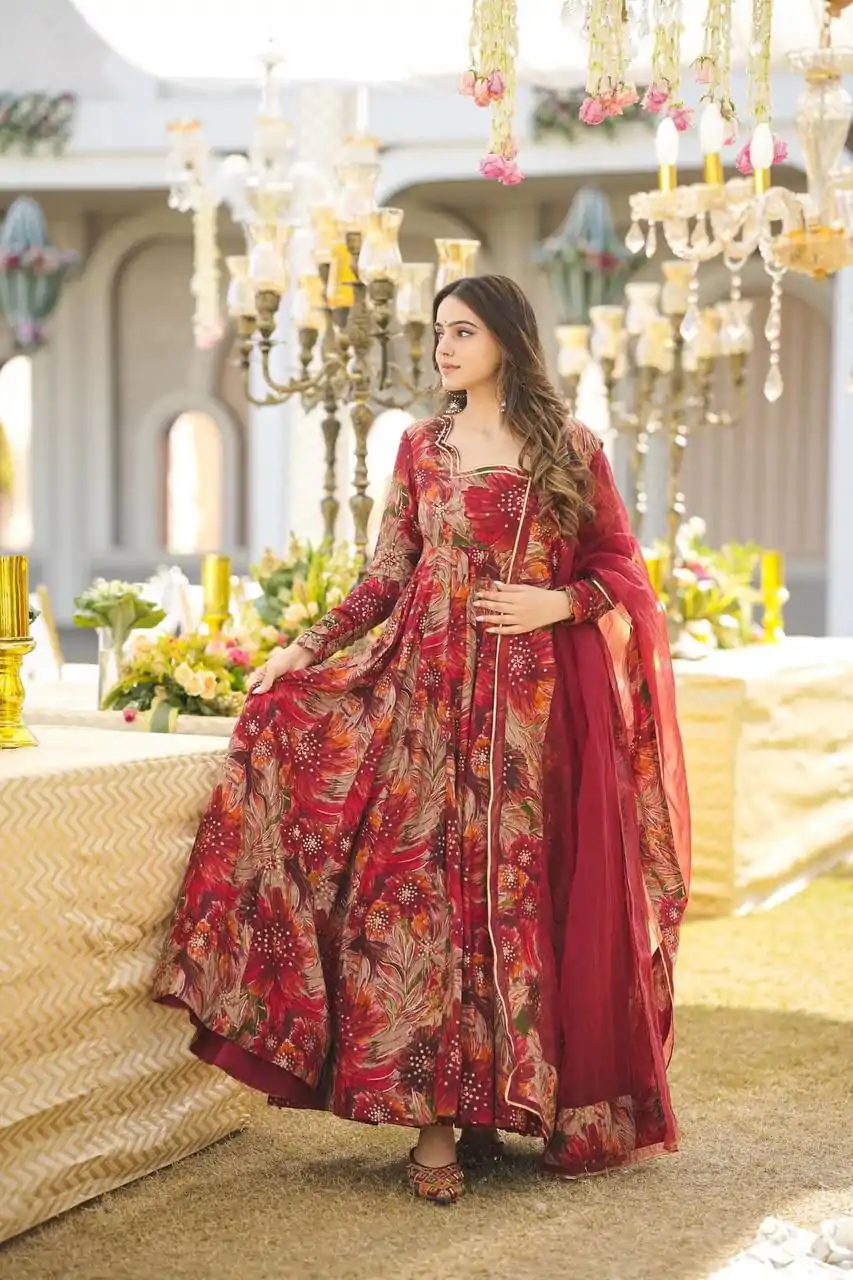 DC G41 Red Color Rayon Digital Printed Full Sleeves Gown Casual, Wedding, Party, Festive, Events Etc. Expected Delivery 4-6 Working Days @1949/- | Gowns, Bollywood Gowns, Creative Gowns, Designer Gowns, Embroidered Gowns, Party Wear Gowns