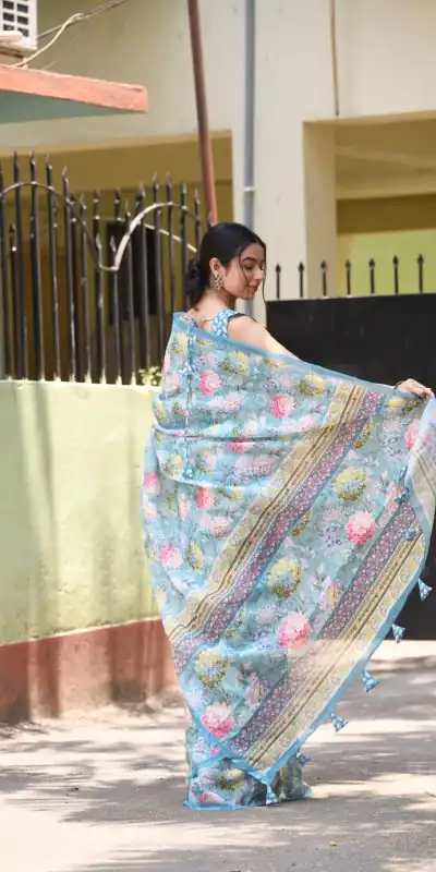 Veechis 110 Blue Color Linen Beautiful Digital Printed Work Saree Casual, Party Festive, Events. Expected Delivery 4-6 Working Days @1549/- | Designer Sarees, Sarees, Bollywood Sarees, Creative Sarees, Embroidered Sarees, Modern Digital sarees, Party Wear Sarees