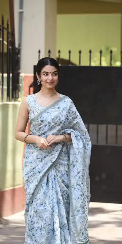 Veechis 110 Light Blue Color Linen Beautiful Digital Printed Work Saree Casual, Party Festive, Events. Expected Delivery 4-6 Working Days @1549/- | Designer Sarees, Sarees, Bollywood Sarees, Creative Sarees, Embroidered Sarees, Modern Digital sarees, Party Wear Sarees