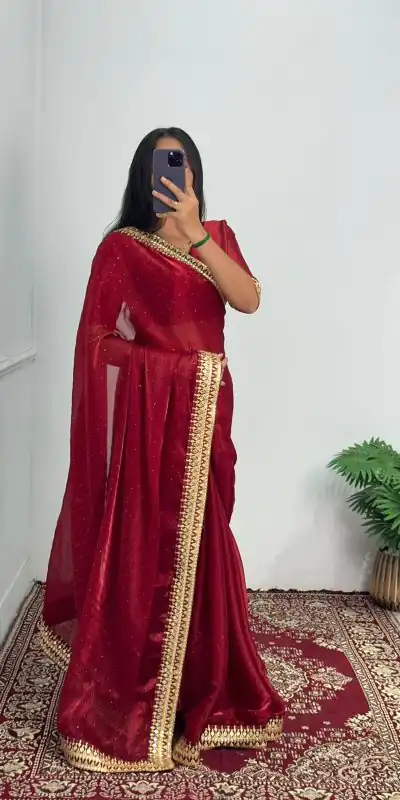 ST 470 Red Color Burberry Foil And Zari Embroidery Work Saree Casual, Wedding, Party, Festive, Events Etc. Expected Delivery 4-6 Working Days @1799/- | Designer Sarees, Sarees, Bollywood Sarees, Creative Sarees, Embroidered Sarees, Ethnic Saree, Modern Digital sarees, Party Wear Sarees