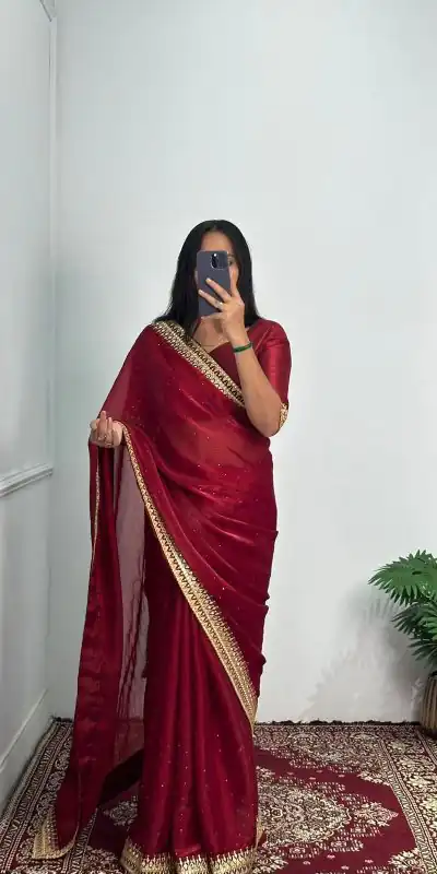 ST 470 Red Color Burberry Foil And Zari Embroidery Work Saree Casual, Wedding, Party, Festive, Events Etc. Expected Delivery 4-6 Working Days @1799/- | Designer Sarees, Sarees, Bollywood Sarees, Creative Sarees, Embroidered Sarees, Ethnic Saree, Modern Digital sarees, Party Wear Sarees