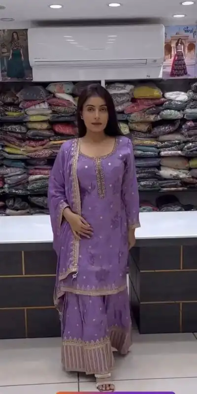 SSR 464 Violet Chinnon Silk Embroidery Sequins Sharara Suit Wedding, Party, Festive, Events Etc.   Expected Delivery 4-6 Working Days @2099/- | Salwar suit, Casual Suits, Creative suits, Designer Suits, Palazzo Suits, Party Wear Suits, Straight Suits