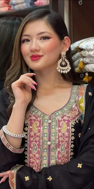 ZF 377 Black Color Chinnon Silk Embroidery Sequence Salwar Suit Casual, Wedding, Party, Events Etc. Expected Delivery 4-6 Working Days 2499/- | Casual Suits, Jump Suits, Salwar suit, Creative suits, Designer Suits, Palazzo Suits, Party Wear Suits, Patiala Suits, Straight Suits