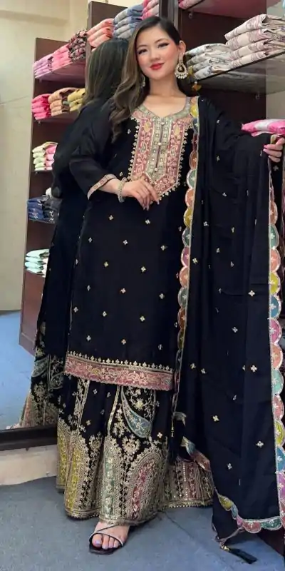 ZF 377 Black Color Chinnon Silk Embroidery Sequence Salwar Suit Casual, Wedding, Party, Events Etc. Expected Delivery 4-6 Working Days 2499/- | Casual Suits, Jump Suits, Salwar suit, Creative suits, Designer Suits, Palazzo Suits, Party Wear Suits, Patiala Suits, Straight Suits