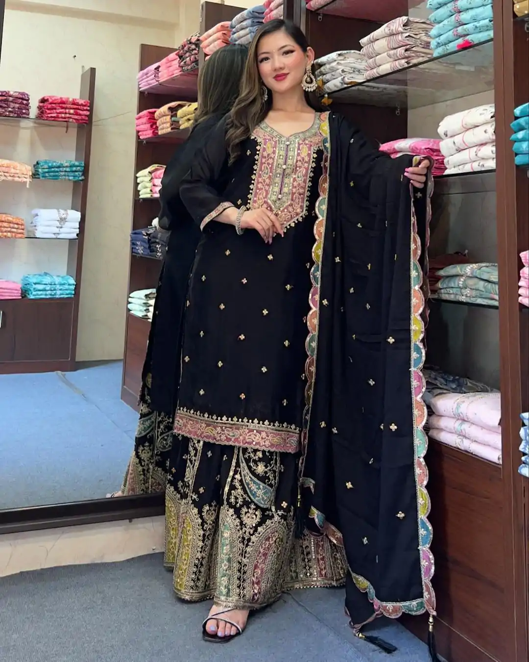 ZF 377 Black Color Chinnon Silk Embroidery Sequence Salwar Suit Casual, Wedding, Party, Events Etc. Expected Delivery 4-6 Working Days 2499/- | Casual Suits, Jump Suits, Salwar suit, Creative suits, Designer Suits, Palazzo Suits, Party Wear Suits, Patiala Suits, Straight Suits