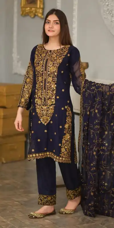 ZF 369 navy Blue Color Faux Georgette Embroidery Sequence Work Salwar Suit Casual, Wedding, Party, Events Etc. Expected Delivery 4-6 Working Days 2149/- | Jump Suits, Salwar suit, Casual Suits, Creative suits, Designer Suits, Palazzo Suits, Party Wear Suits, Patiala Suits, Straight Suits