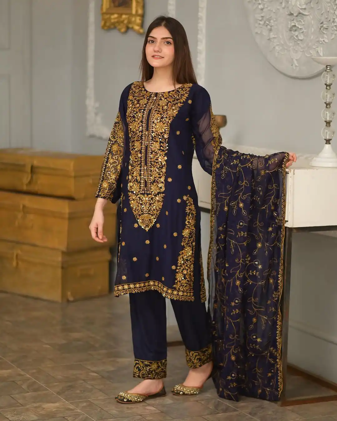 ZF 369 navy Blue Color Faux Georgette Embroidery Sequence Work Salwar Suit Casual, Wedding, Party, Events Etc. Expected Delivery 4-6 Working Days 2149/- | Jump Suits, Salwar suit, Casual Suits, Creative suits, Designer Suits, Palazzo Suits, Party Wear Suits, Patiala Suits, Straight Suits