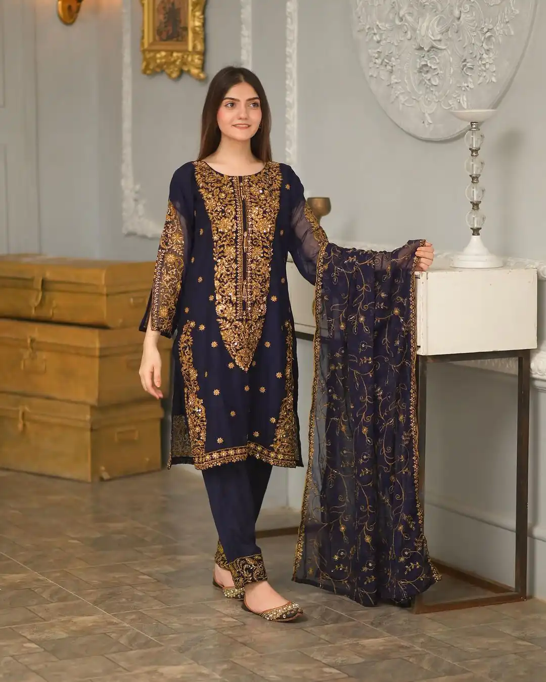 ZF 369 navy Blue Color Faux Georgette Embroidery Sequence Work Salwar Suit Casual, Wedding, Party, Events Etc. Expected Delivery 4-6 Working Days 2149/- | Jump Suits, Salwar suit, Casual Suits, Creative suits, Designer Suits, Palazzo Suits, Party Wear Suits, Patiala Suits, Straight Suits