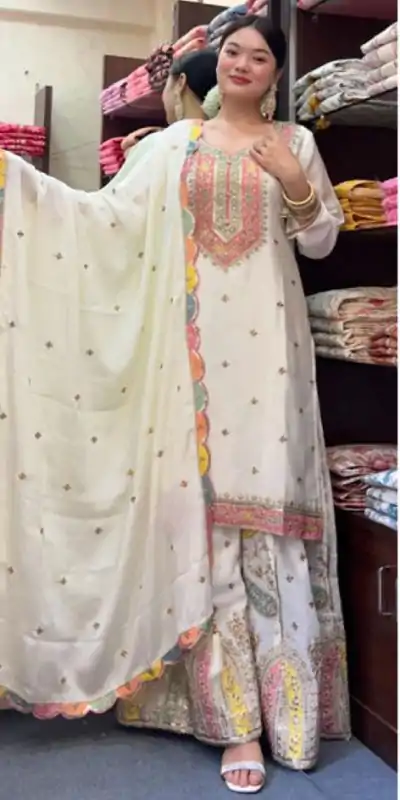 ZF 377 White Color Chinnon Silk Embroidery Sequence Salwar Suit Casual, Wedding, Party, Events Etc. Expected Delivery 4-6 Working Days 2499/- | Casual Suits, Jump Suits, Salwar suit, Creative suits, Designer Suits, Palazzo Suits, Party Wear Suits, Patiala Suits, Straight Suits