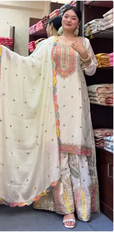 ZF 377 White Color Chinnon Silk Embroidery Sequence Salwar Suit Casual, Wedding, Party, Events Etc. Expected Delivery 4-6 Working Days 2499/- | Casual Suits, Jump Suits, Salwar suit, Creative suits, Designer Suits, Palazzo Suits, Party Wear Suits, Patiala Suits, Straight Suits