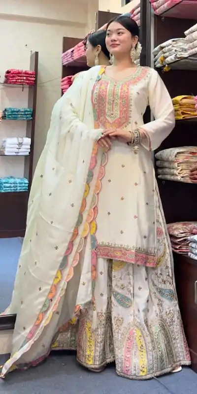 ZF 377 White Color Chinnon Silk Embroidery Sequence Salwar Suit Casual, Wedding, Party, Events Etc. Expected Delivery 4-6 Working Days 2499/- | Casual Suits, Jump Suits, Salwar suit, Creative suits, Designer Suits, Palazzo Suits, Party Wear Suits, Patiala Suits, Straight Suits