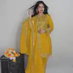 SRK 5151 Yellow Color Pure Chinnon Silk Embroidery Sequence Salwar Suit Wedding, Party, Festive, Events Expected Delivery 4-6 Working Days @ 1949/- | Jump Suits, Salwar suit, Casual Suits, Creative suits, Designer Suits, Palazzo Suits, Party Wear Suits, Patiala Suits, Straight Suits