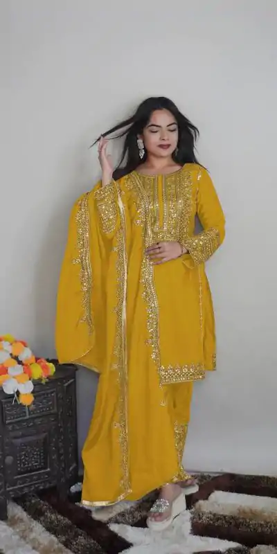 SRK 5151 Yellow Color Pure Chinnon Silk Embroidery Sequence Salwar Suit Wedding, Party, Festive, Events Expected Delivery 4-6 Working Days @ 1949/- | Jump Suits, Salwar suit, Casual Suits, Creative suits, Designer Suits, Palazzo Suits, Party Wear Suits, Patiala Suits, Straight Suits
