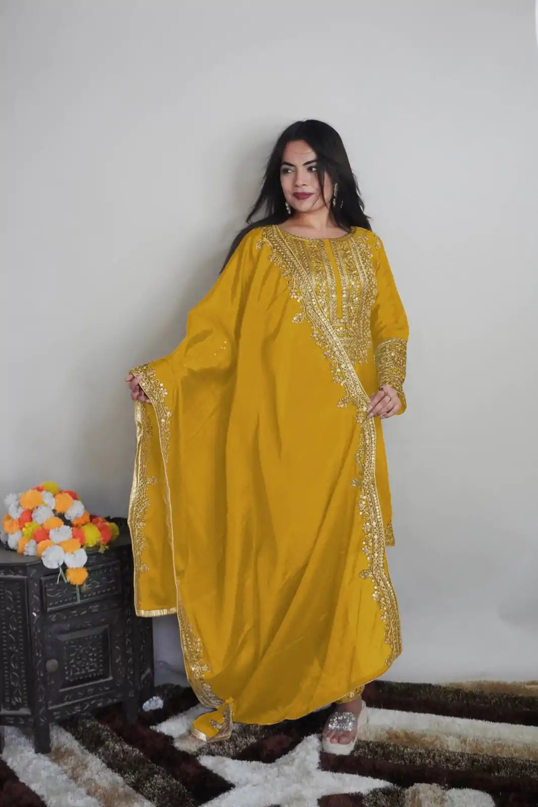 SRK 5151 Yellow Color Pure Chinnon Silk Embroidery Sequence Salwar Suit Wedding, Party, Festive, Events Expected Delivery 4-6 Working Days @ 1949/- | Jump Suits, Salwar suit, Casual Suits, Creative suits, Designer Suits, Palazzo Suits, Party Wear Suits, Patiala Suits, Straight Suits