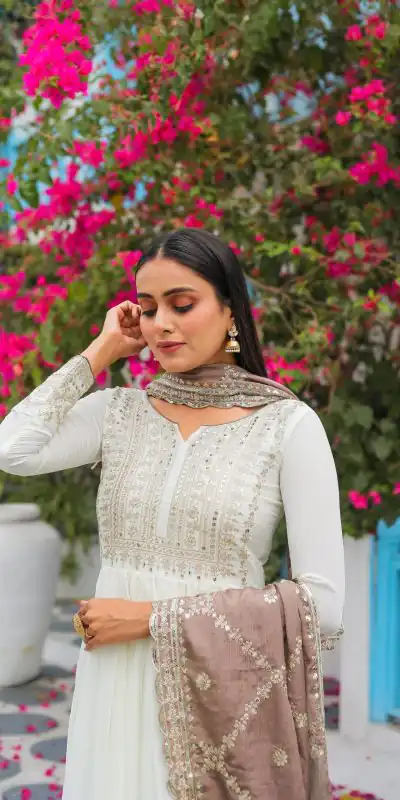 AD157 White & Beige Color Chinon Silk Embroidery Sequence Salwar Suit Wedding, Party, Festive, Events Expected Delivery 4-6 Working Days @ 2099/- | Salwar suit, Casual Suits, Creative suits, Designer Suits, Palazzo Suits, Party Wear Suits, Patiala Suits, Straight Suits